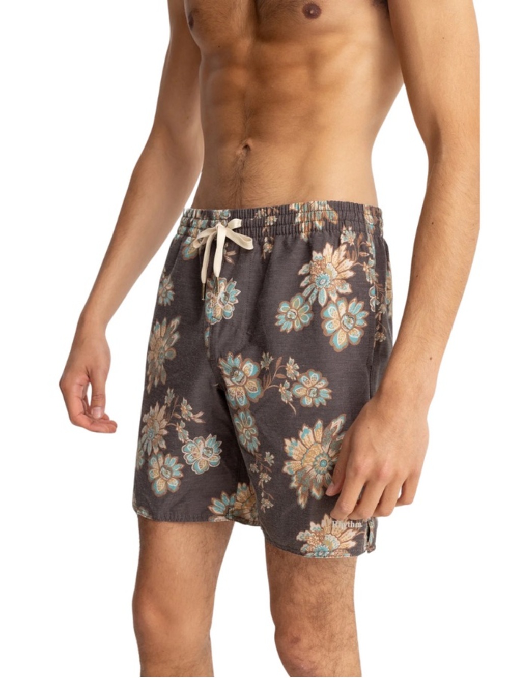 Rhythm Botanica Beach Shorts Chocolate Floral Swim Trunks Elastic Waist Size 32